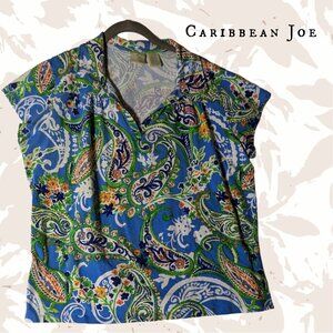 CARIBBEAN JOE Women's XL Blouse Paisley Floral V-Neck Short Sleeve Cotton Blend